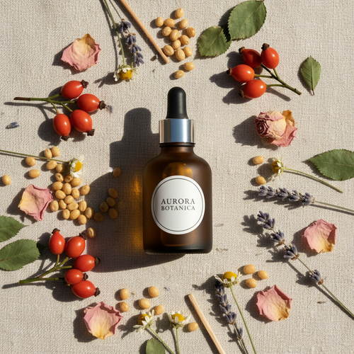 Textural Reset skin oil flat lay with natural botanicals